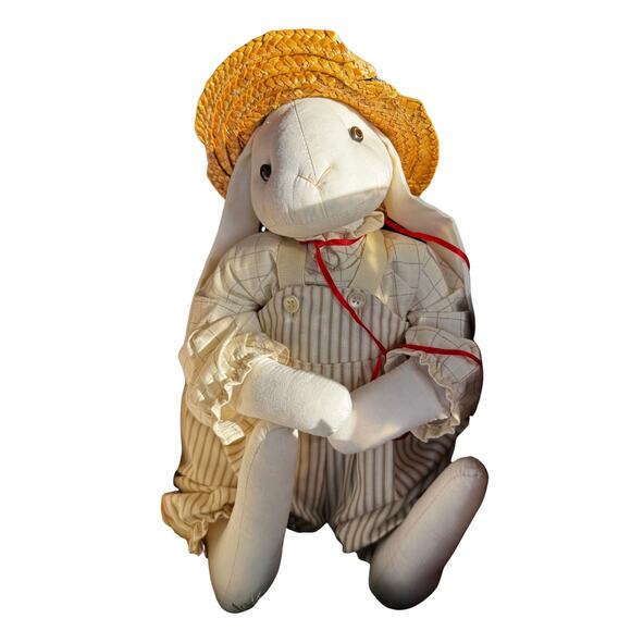 Vintage Country Bunny Doll • Straw Hat • Striped Overalls • Handmade Farmhouse - Picture 2 of 3
